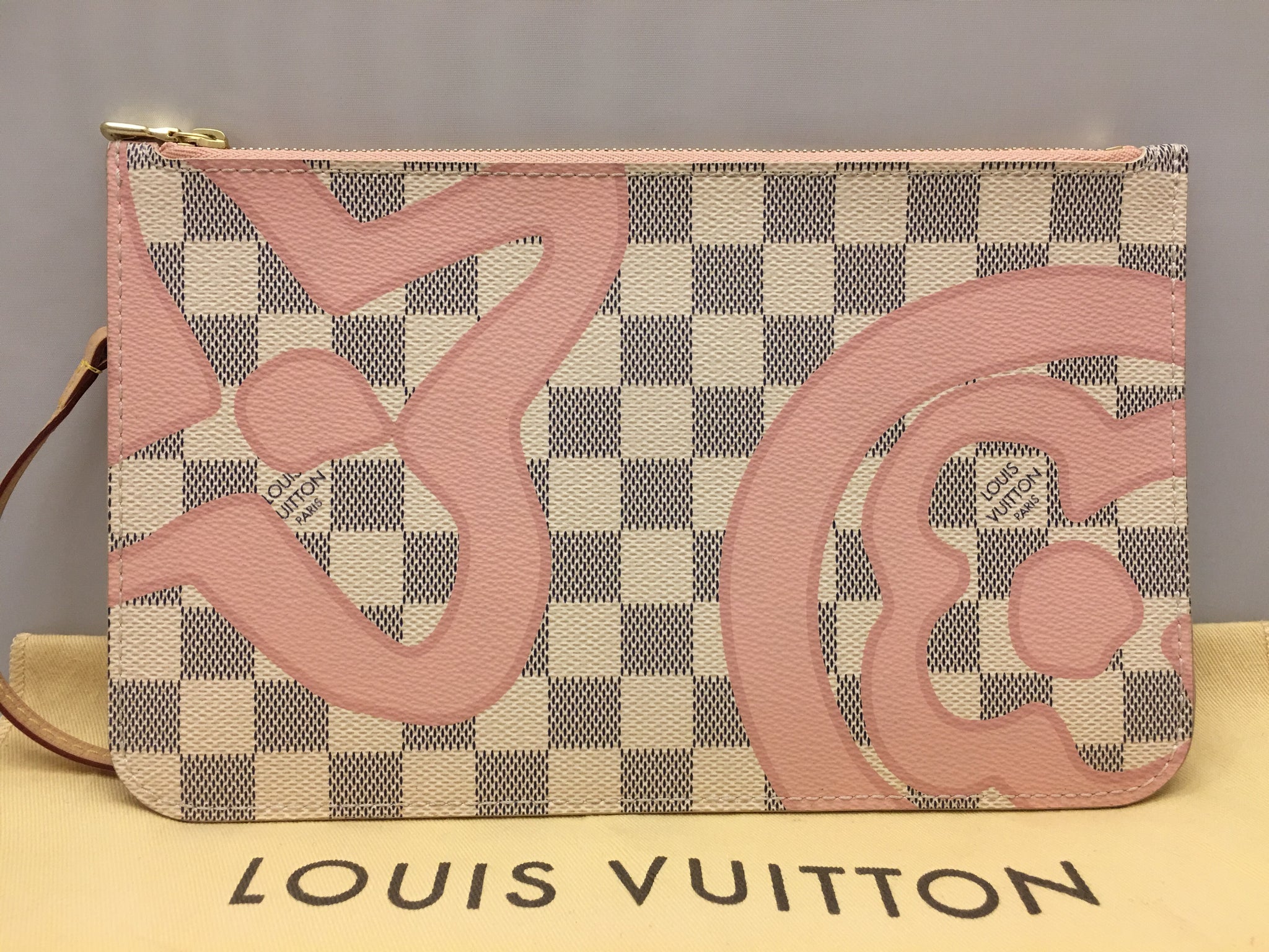 Louis Vuitton Tahitienne Pochette Wristlet Pouch Damier Azur Neverfull mm Pink
