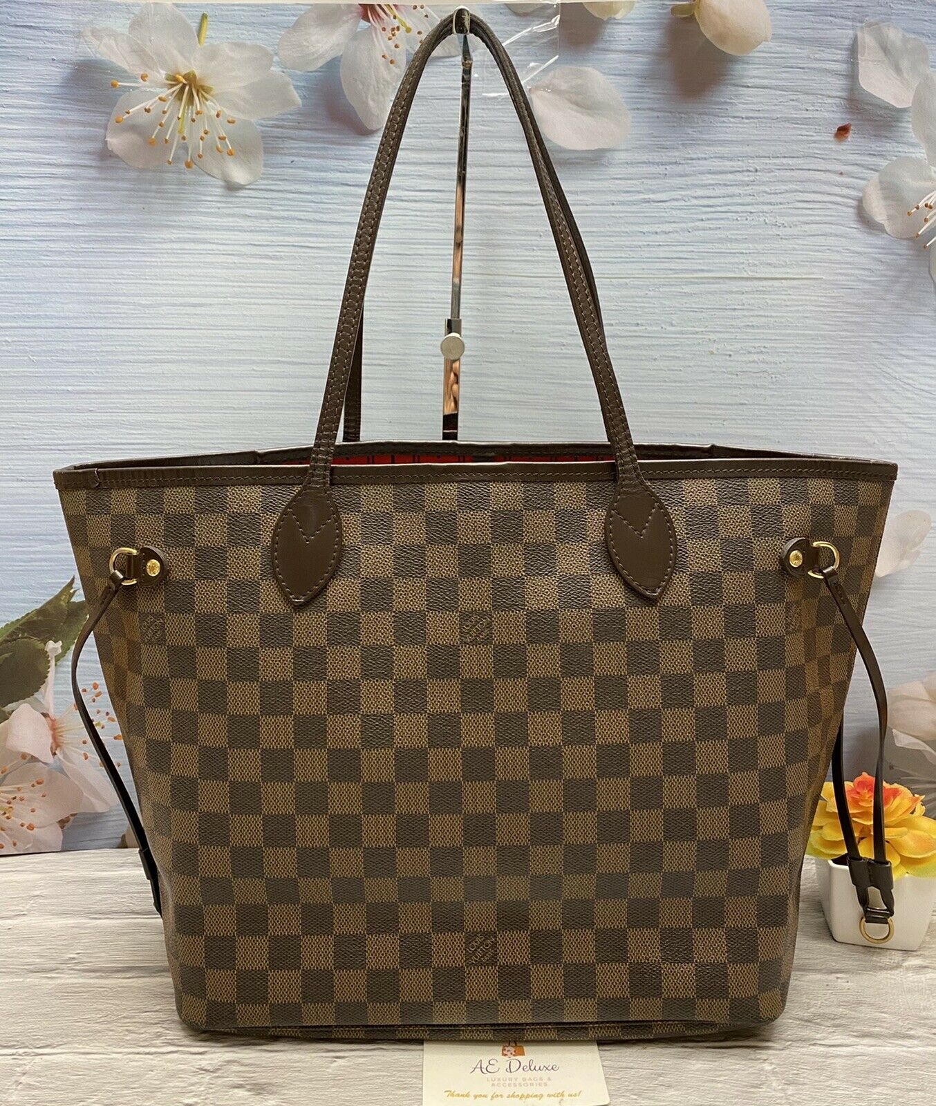 Louis Vuitton Neverfull MM Damier Ebene Cherry Red Tote Shoulder