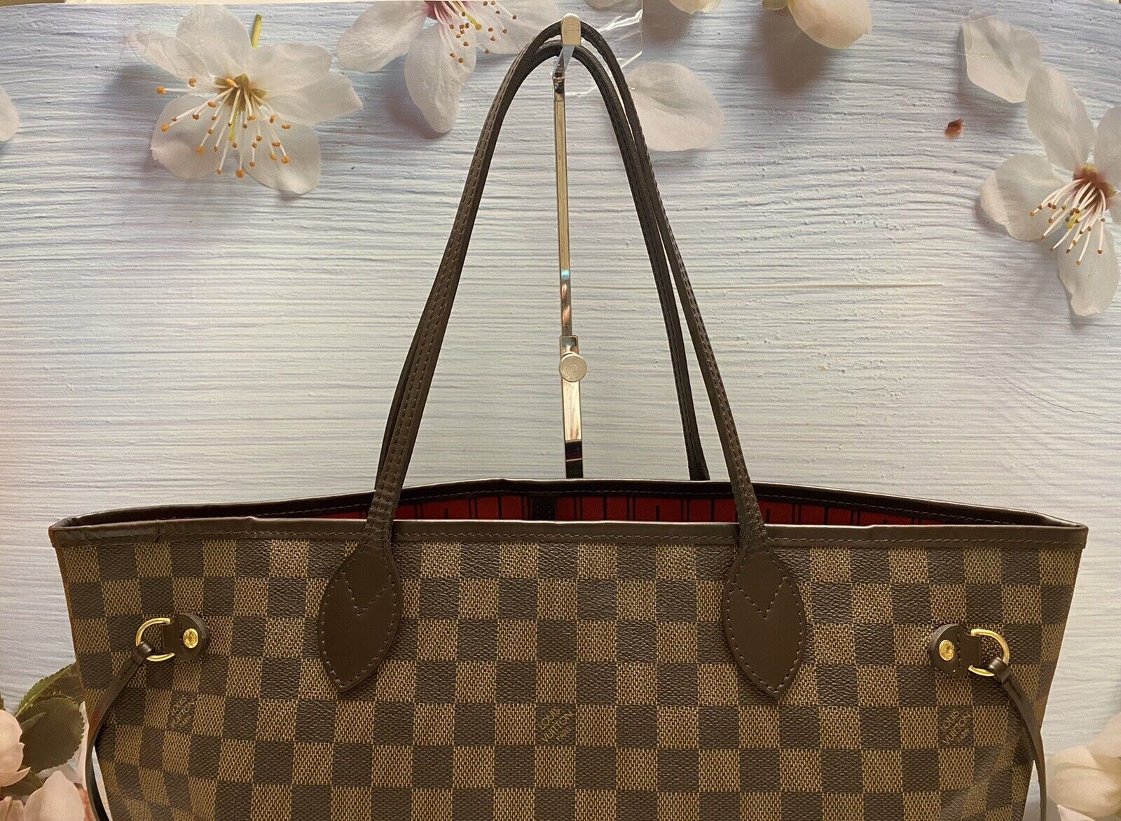 🌸Louis Vuitton Neverfull MM Damier Ebene Cherry Red Tote Shoulder