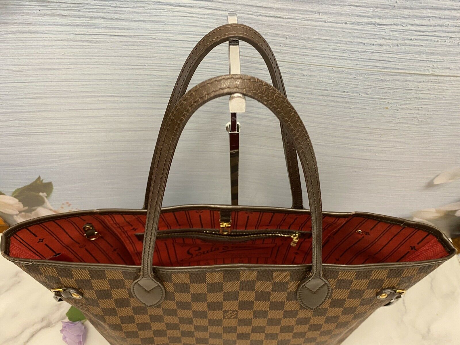🌸Louis Vuitton Neverfull MM Damier Ebene Cherry Red Tote Shoulder