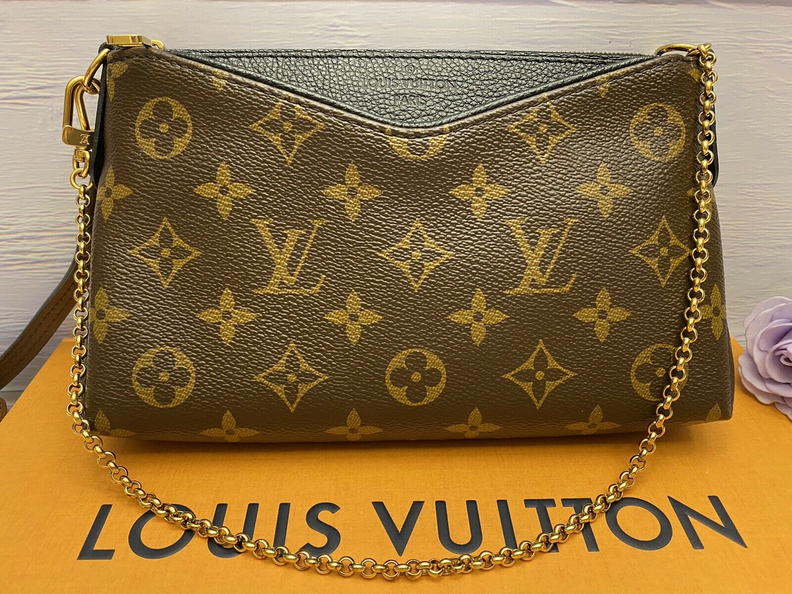 Louis Vuitton Monogram Pallas Clutch or Crossbody With Noir - A