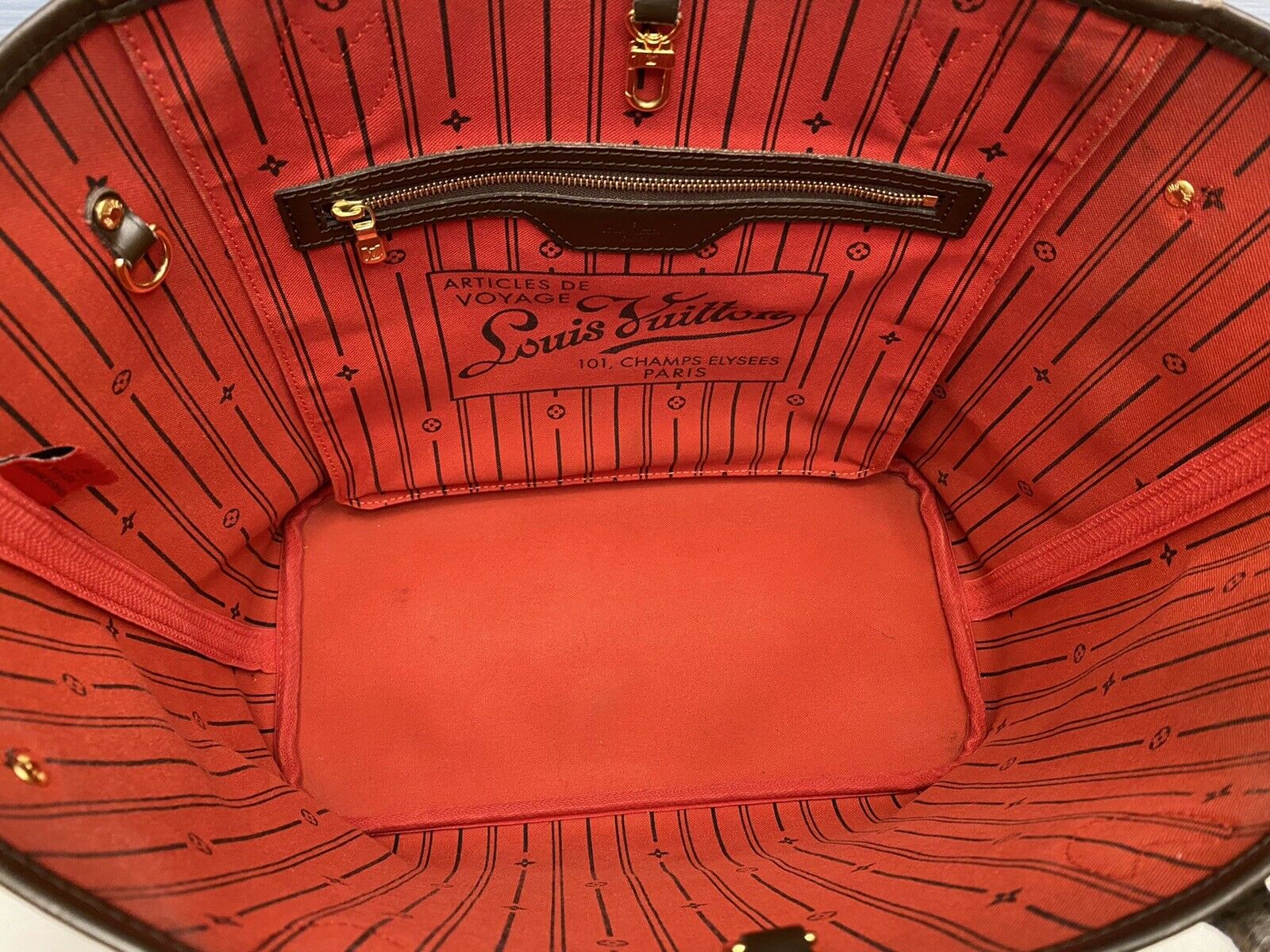 Louis Vuitton Neverfull MM Damier Ebene Cherry Red Tote (AR2141)+