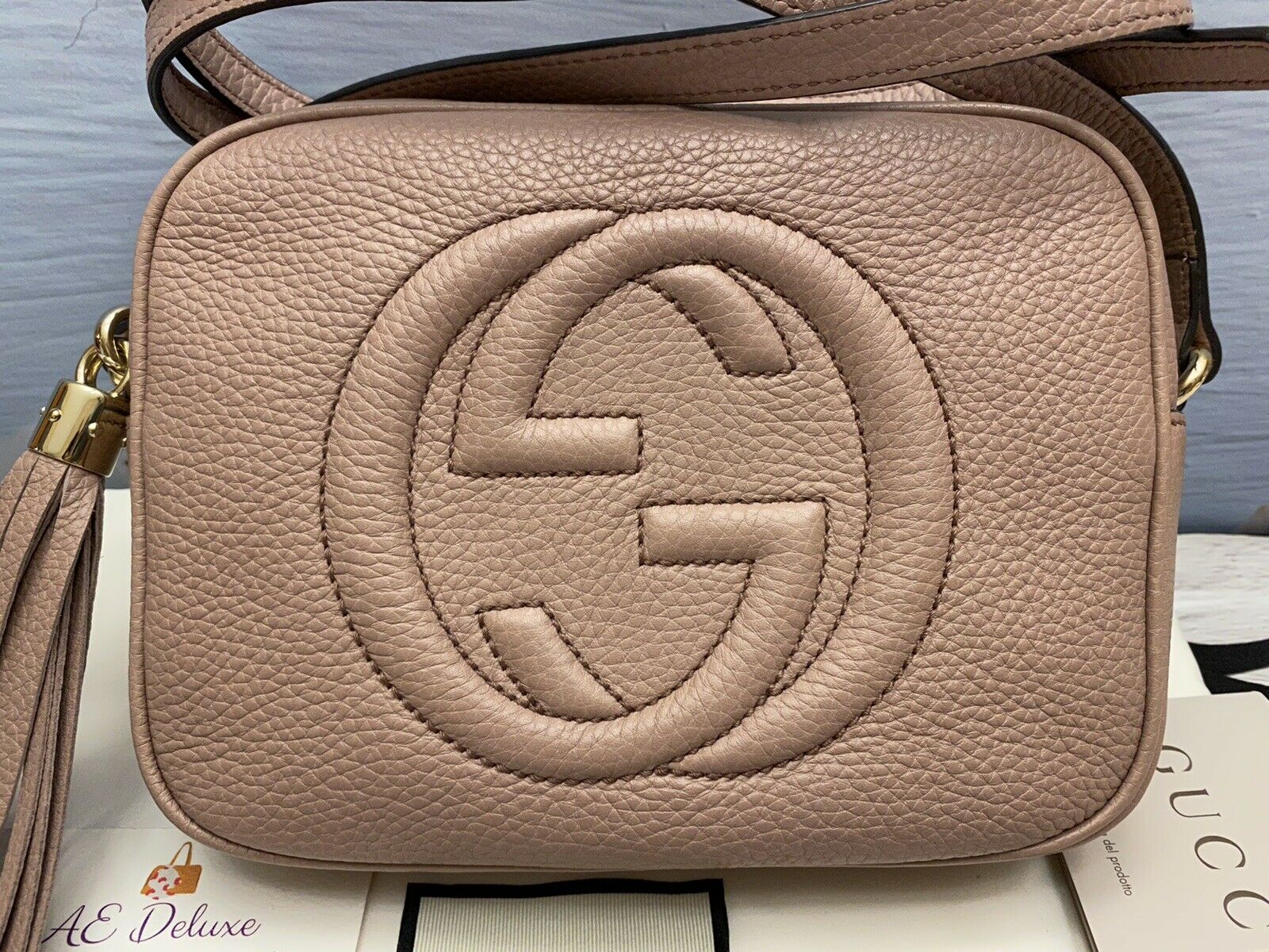 Gucci Small Soho Disco Crossbody Bag Beige Pebbled Leather