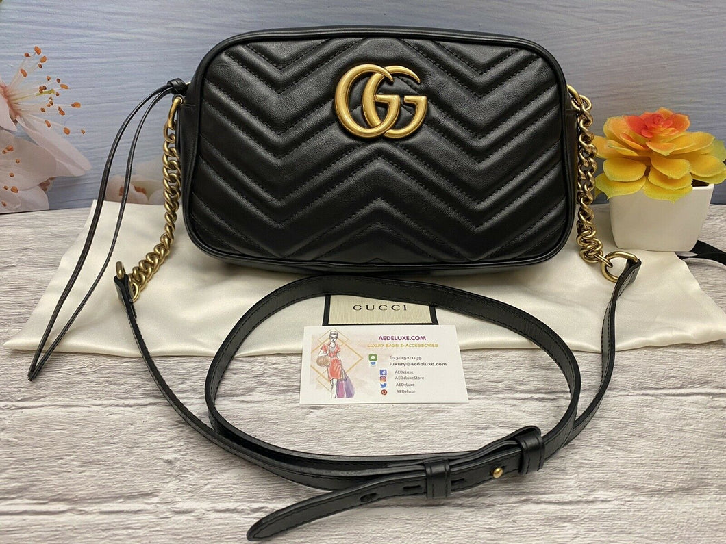 GUCCI GG Marmont Matelasse Small Black Calfskin Leather Crossbody Bag (447632)