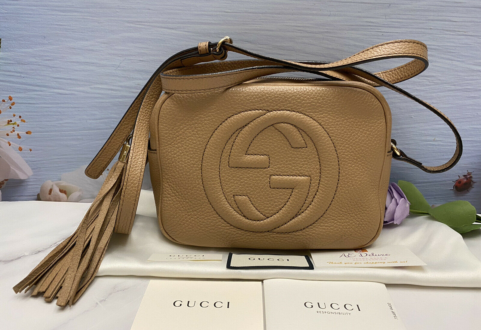 GUCCI Soho Disco Beige Leather Crossbody Purse (308364 520981)