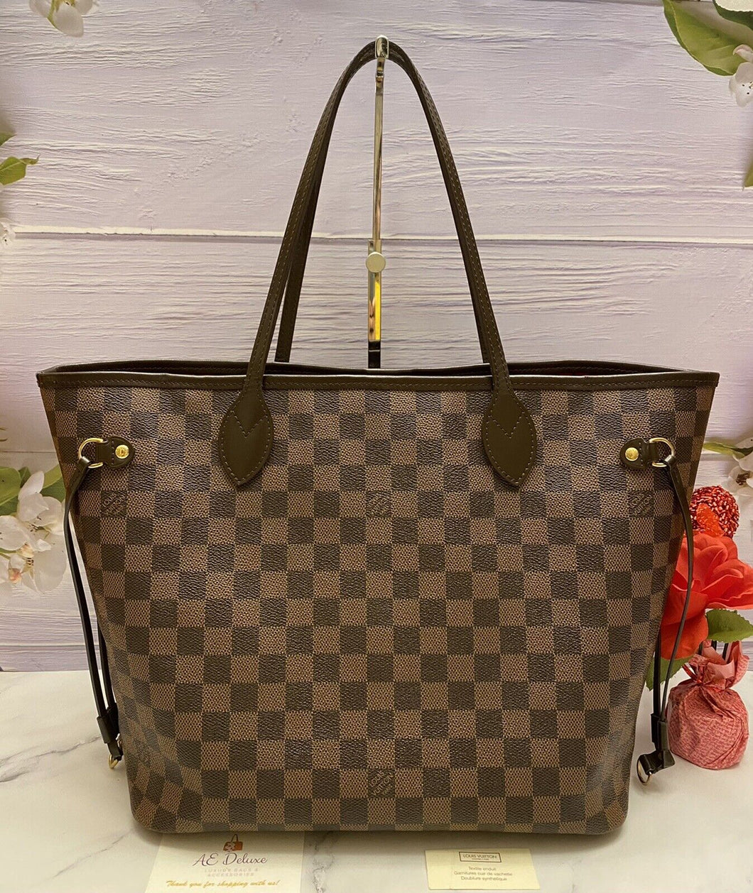 Louis Vuitton Neverfull MM Damier Ebene Cherry Red Tote (SD4114)