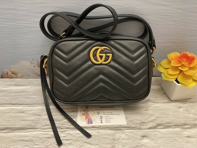 GUCCI GG Marmont Matelasse Mini Black Calfskin Leather Crossbody Bag(525040)